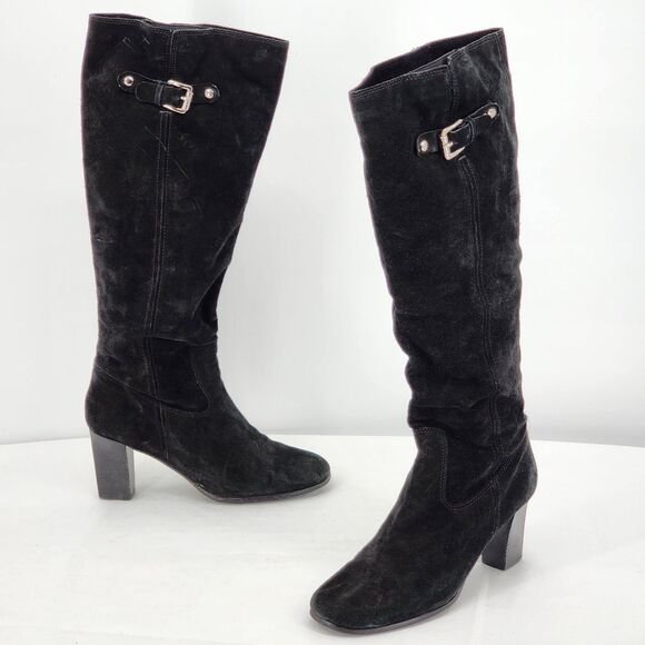 Michael Kors Buckle Suede Leather Black Tall Heeled Boots Size 10 - Picture 1 of 14